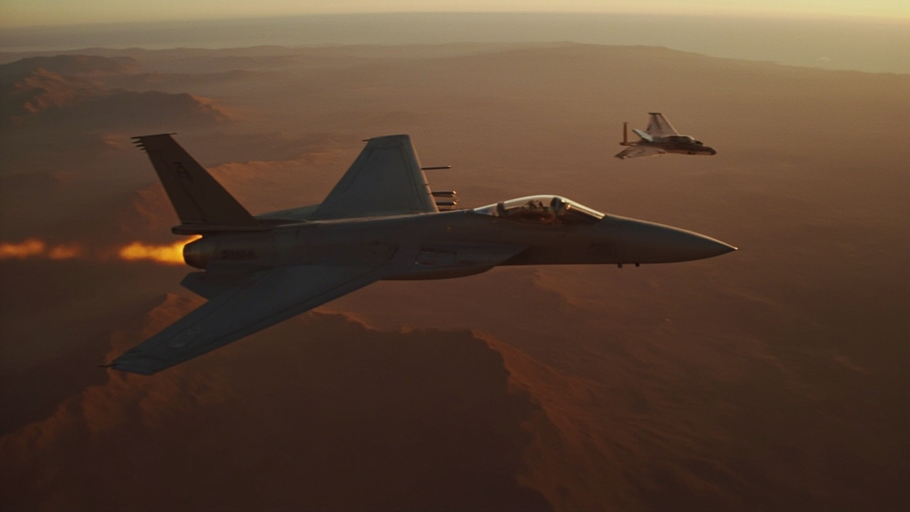 F-15E Strike Eagle banking over desert terrain, afterburner glow visible, another aircraft in formation, arid mountain landscape below, dusk light