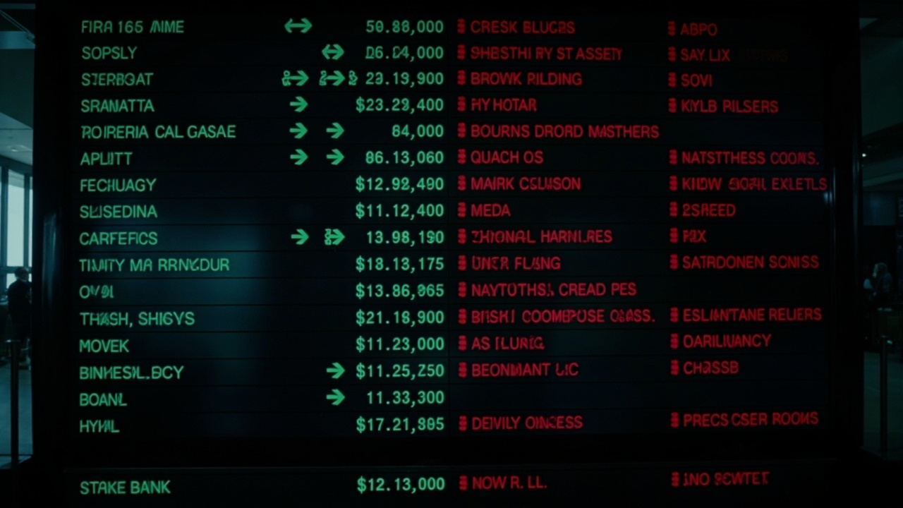 A split stock ticker board showing industrial and energy companies in green on one side, technology companies in red on the other — the market's rotation rendered visually