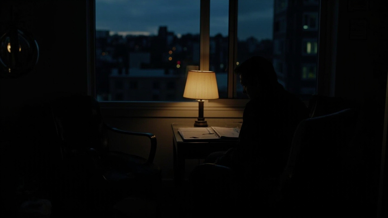 Therapist's office at dusk, two chairs facing each other, window showing blurred city outside, lamp casting warm light on notepad
