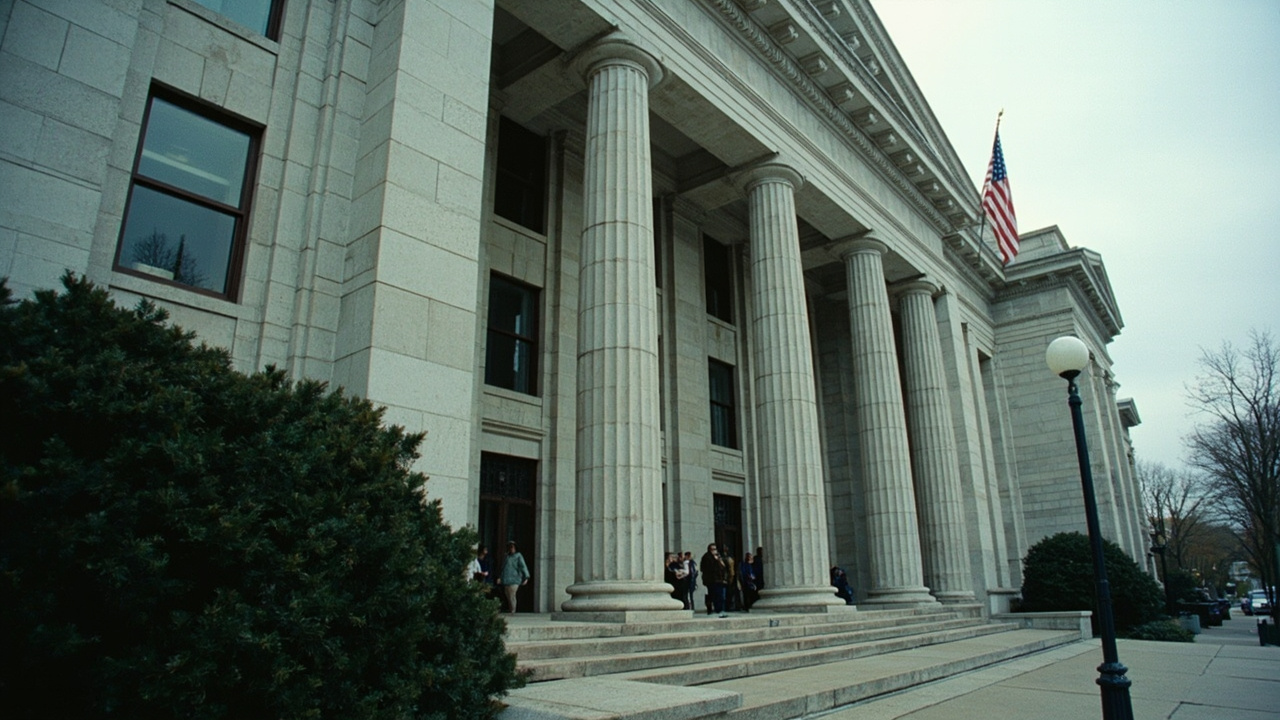 Congressional Budget Office building exterior in Washington D.C., overcast sky, a line of people waiting outside, American flag visible
