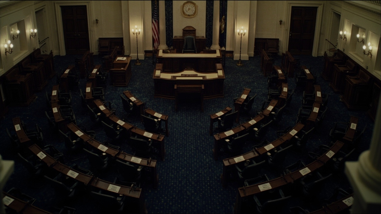 Congressional chamber empty from above, circular seating arrangement with American flags, overhead lights, dark wood paneling, a wall clock visible, institutional quiet