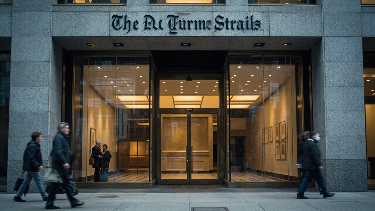 Exterior of The Washington Post building in Washington D.C. on a grey overcast day, empty lobby visible through glass doors, a few people passing on the sidewalk