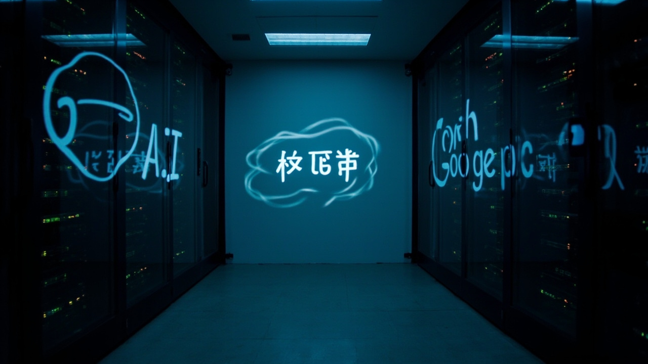 Three AI company logos projected on a server room wall with Chinese characters reflected in the glass