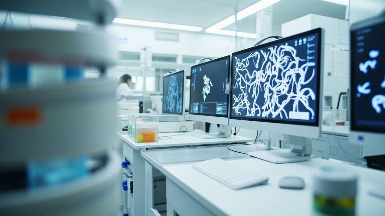 Modern biotech laboratory with DNA sequencing equipment, AI-generated protein models displayed on monitors