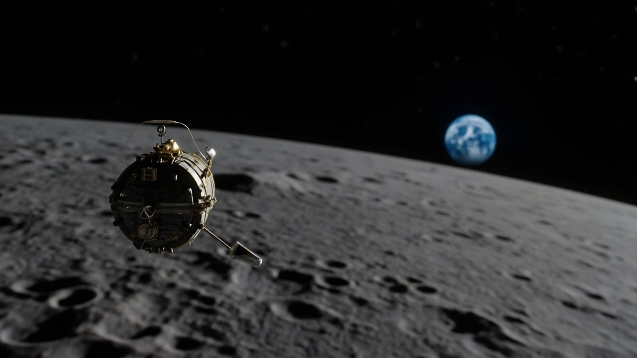 The Orion capsule silhouetted against Earth rising over the lunar horizon, the blue planet contrasting with gray lunar surface