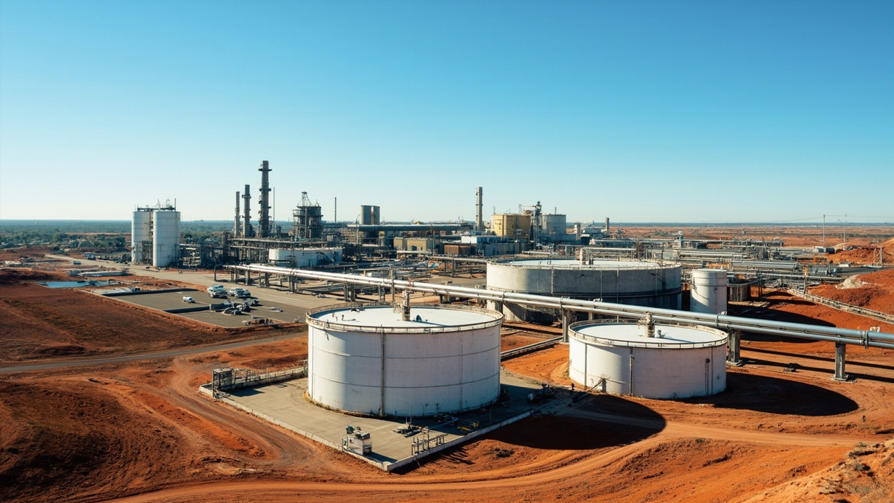 Australian gas processing facility with industrial infrastructure against blue sky