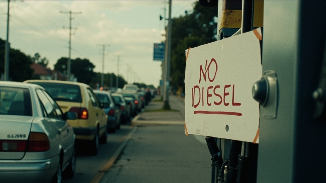 A long line of cars waiting at an Australian service station with a prominent NO DIESEL sign on the pump