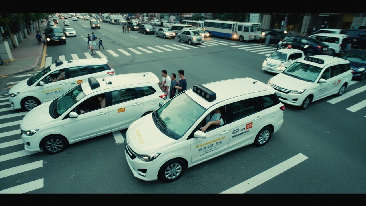 Multiple Baidu Apollo Go robotaxis stopped in the middle of a busy Wuhan intersection with confused passengers and traffic backed up