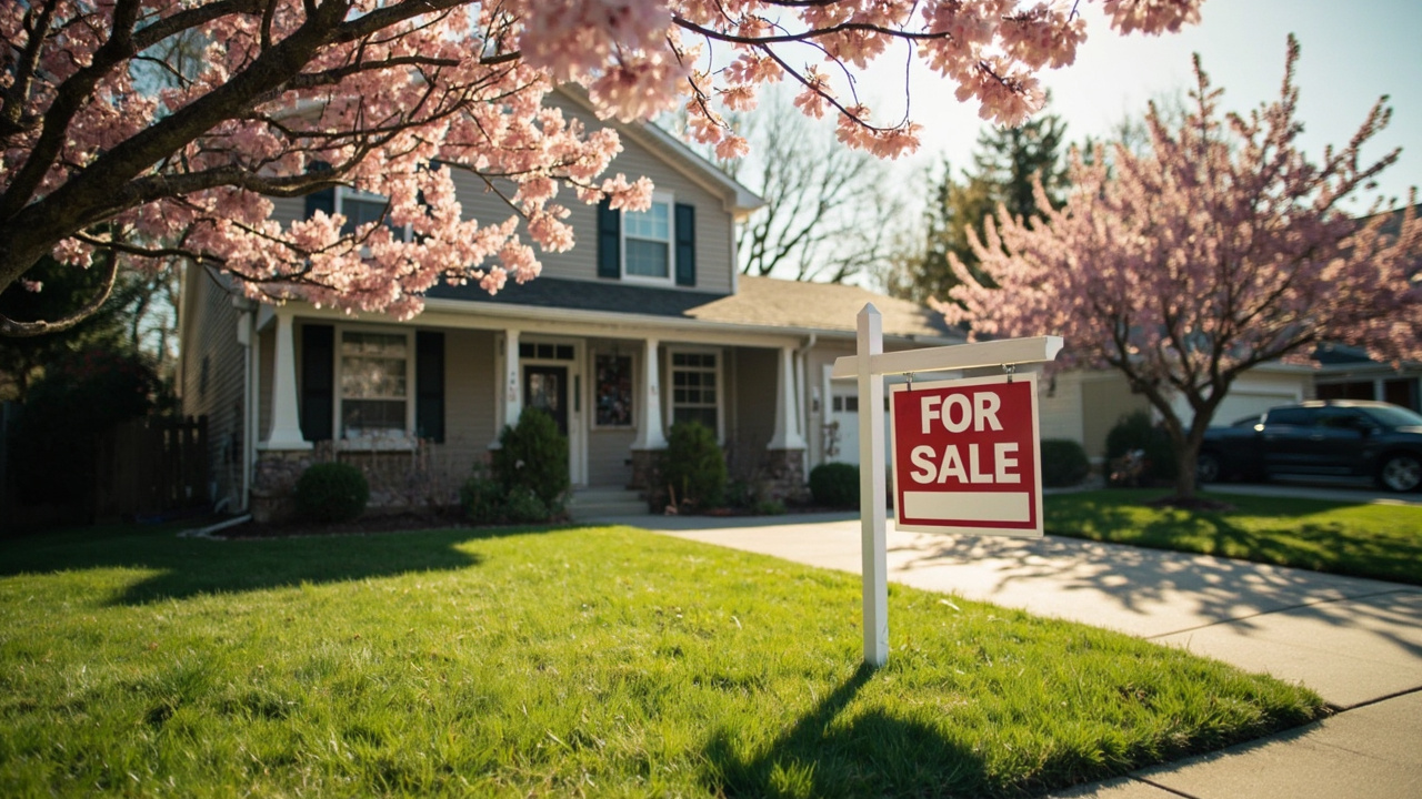 For Sale sign in front of a suburban home on a sunny spring day with blooming trees