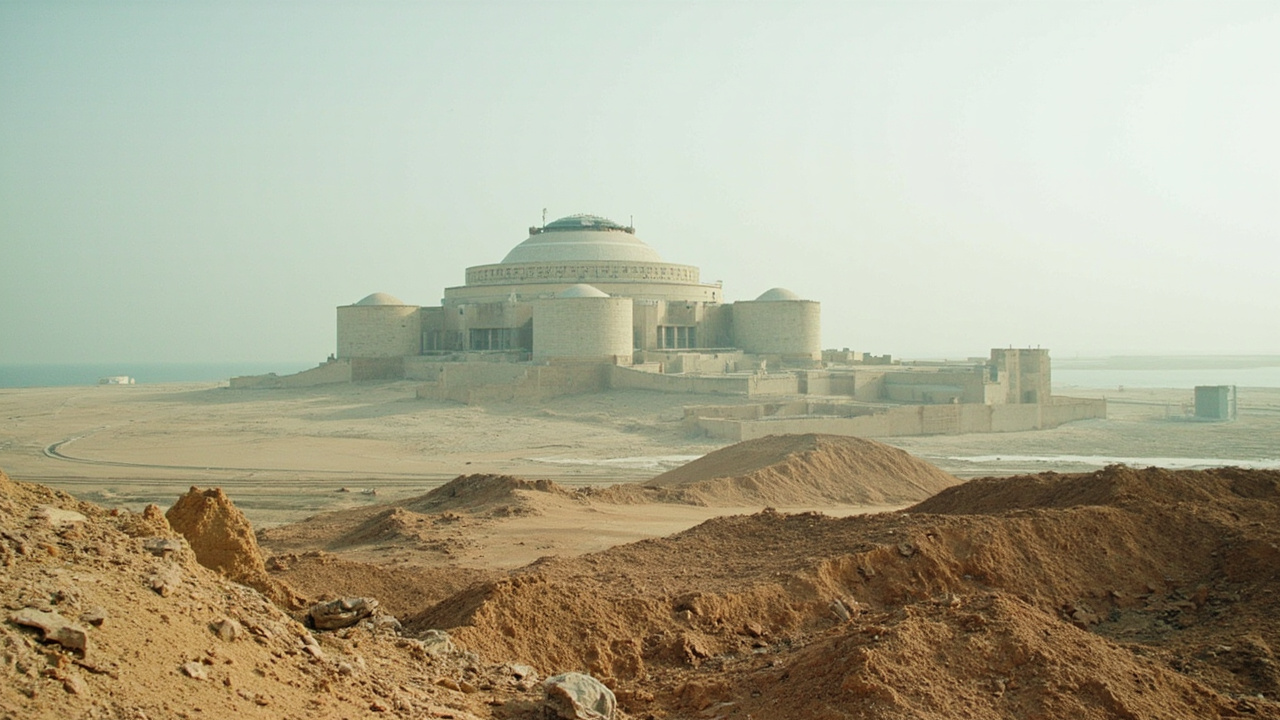 The Bushehr nuclear power plant cooling towers with visible impact damage in the foreground, the Persian Gulf in the background