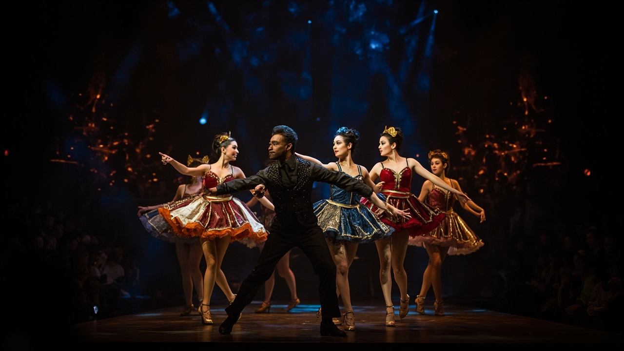 Dancers in elaborate ballroom costumes performing on the Broadhurst Theatre stage with dramatic lighting