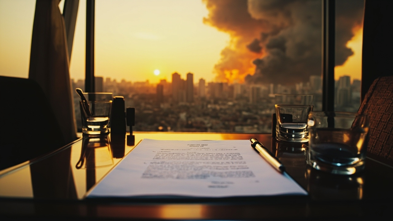 Split scene showing diplomatic documents on a polished table alongside a distant view of smoke rising over a city skyline at dusk