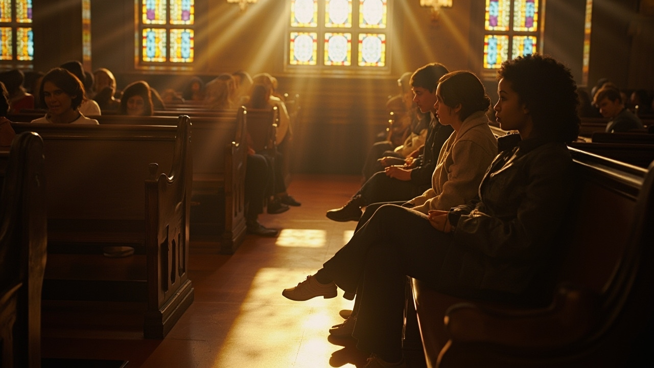 Young adults in their twenties sitting in wooden church pews during a Sunday service, sunlight streaming through stained glass windows