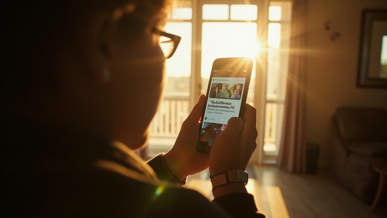 Person putting down smartphone and stepping outside into natural light