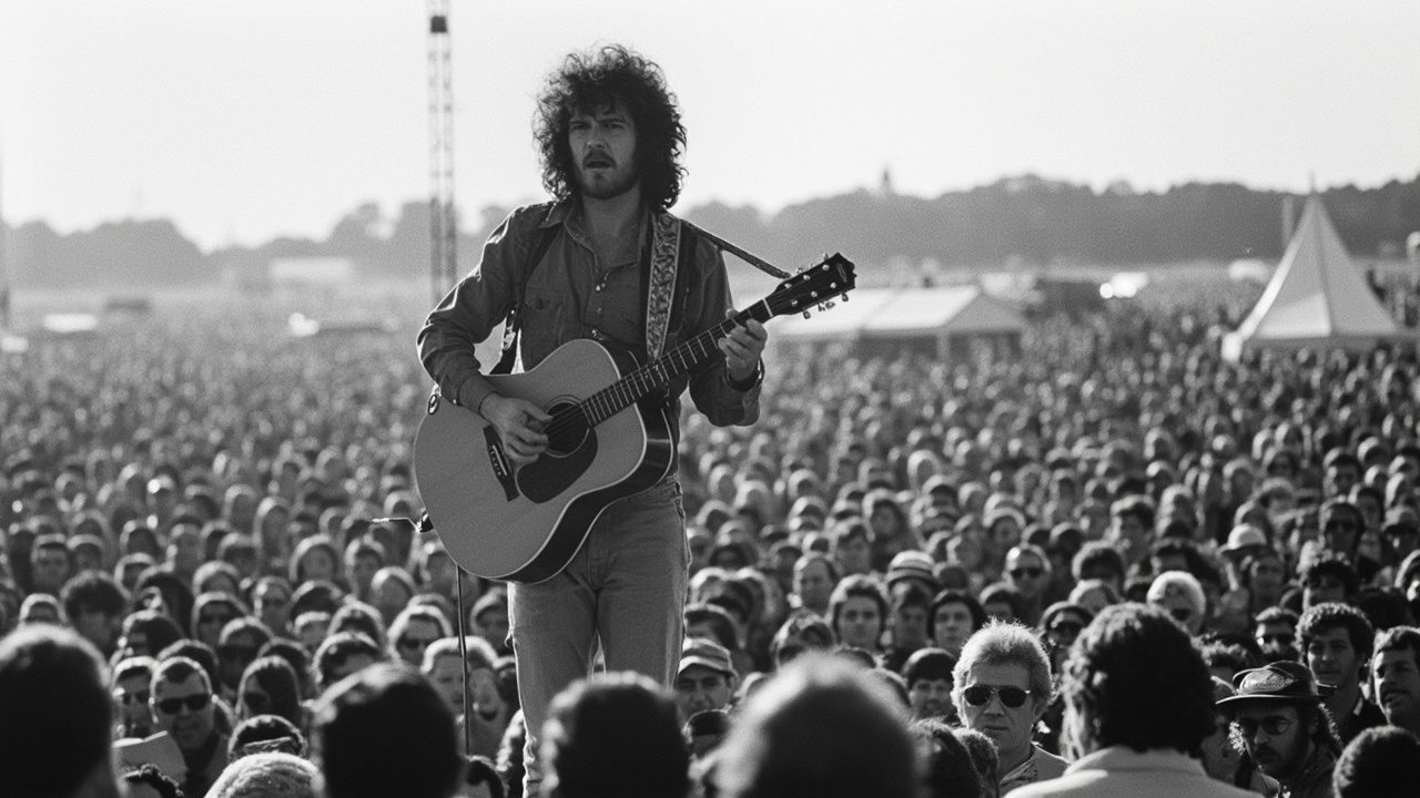 Country Joe McDonald performing at Woodstock 1969 with guitar