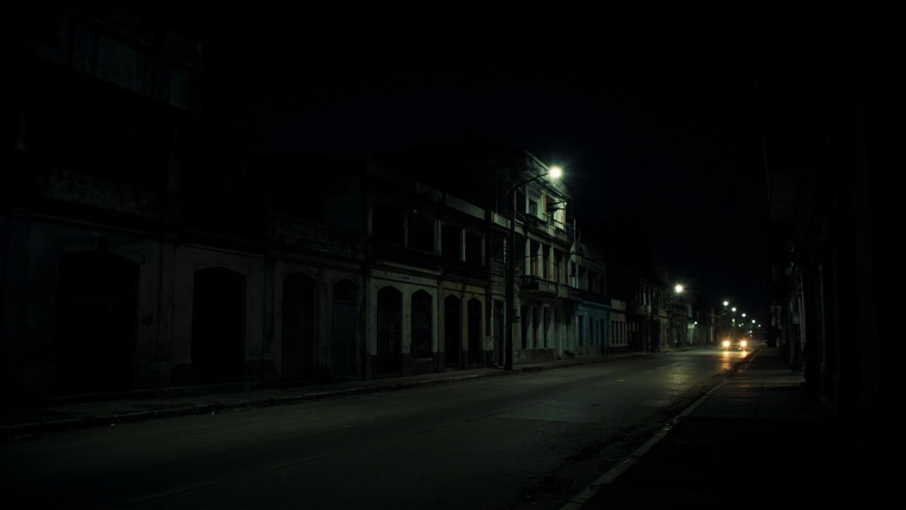 A darkened Havana street at night, a single building lit by a generator, the rest in darkness