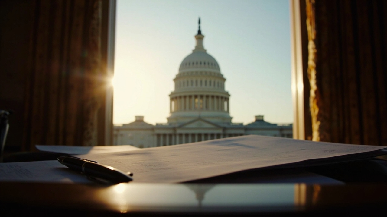 U.S. Capitol building with American flag, legislative documents on a desk in foreground