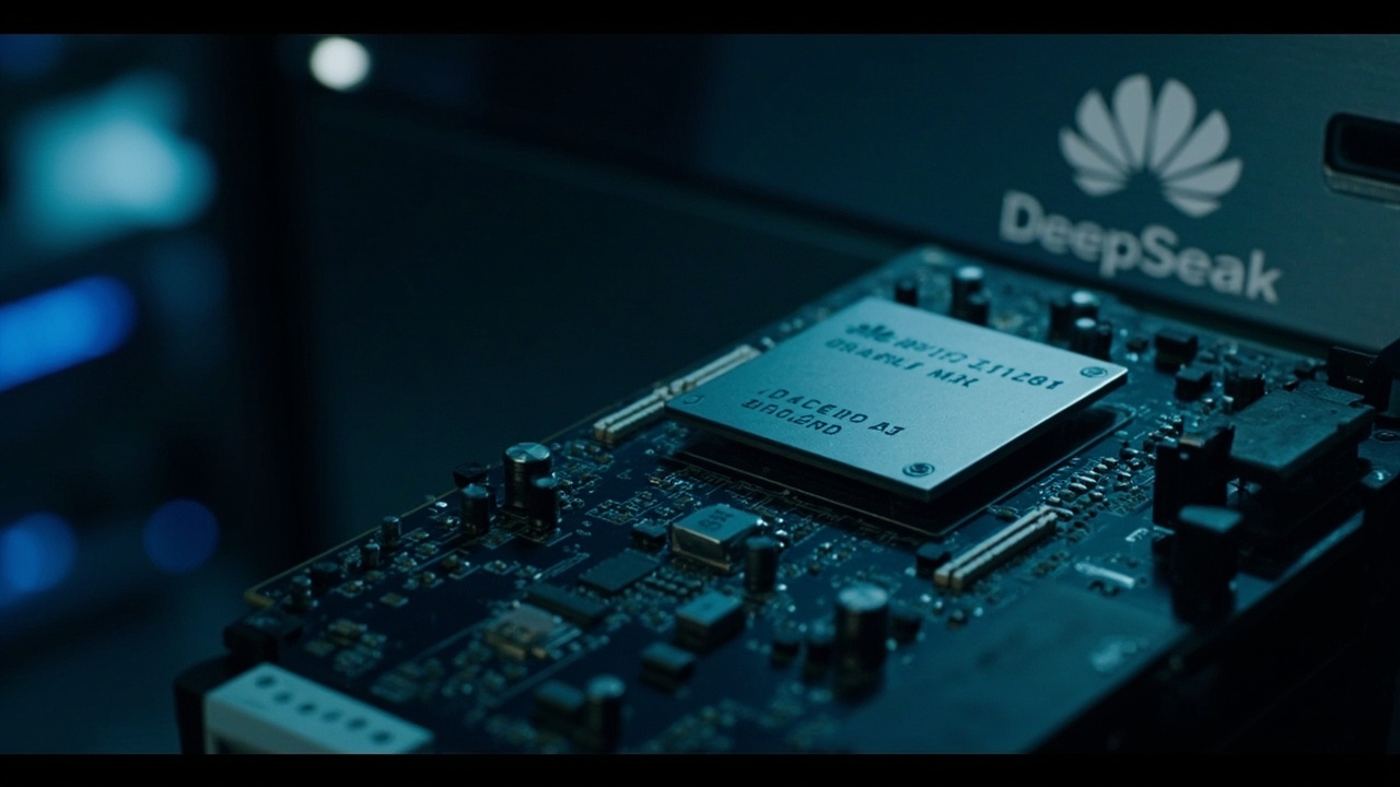A Huawei Ascend AI processor chip on a circuit board with DeepSeek branding visible in the background