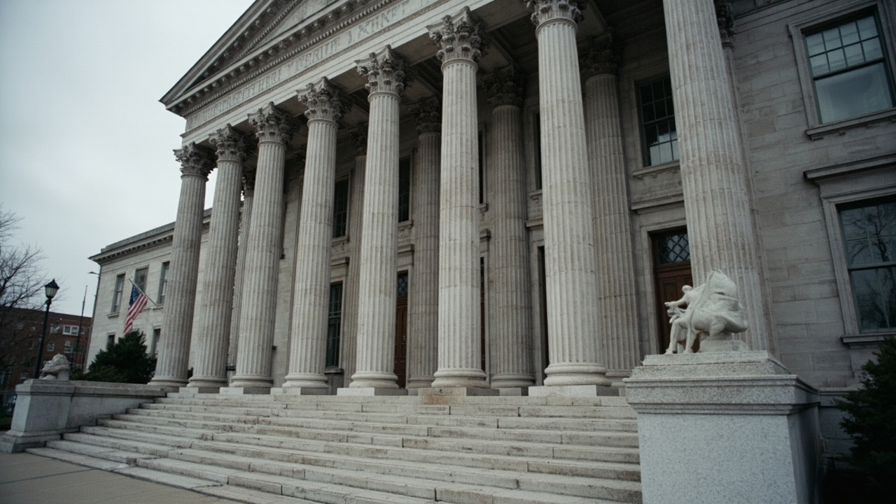 Federal courthouse exterior, steps leading to columns, American flag at half-mast