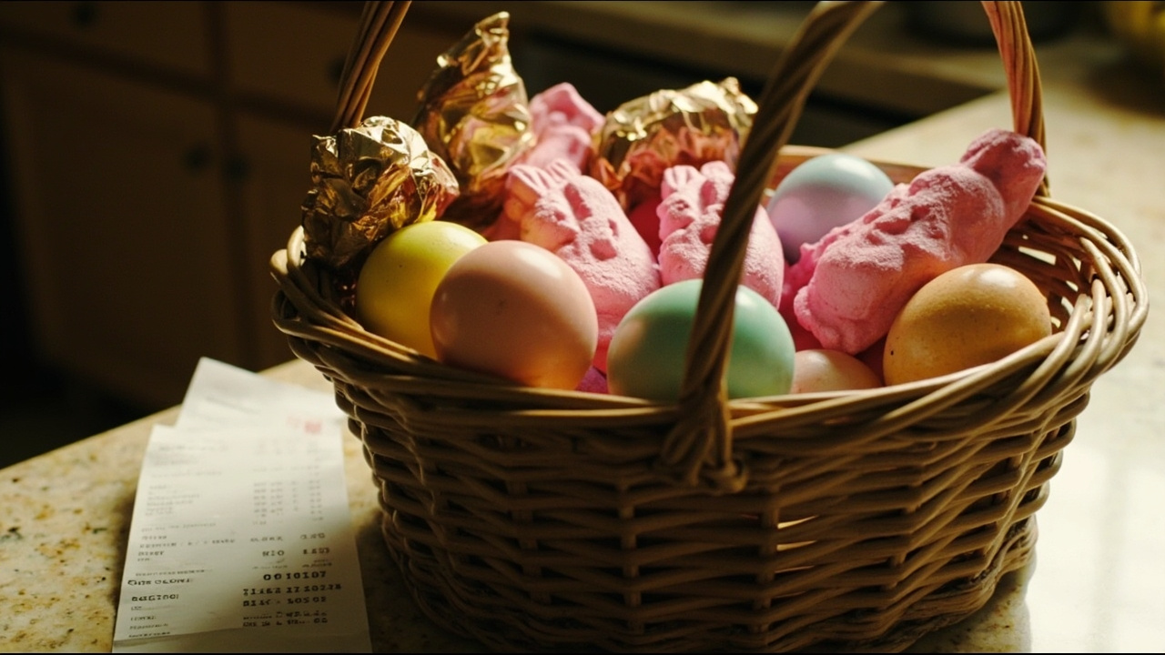 A wicker Easter basket filled with plastic eggs, Peeps marshmallows, and chocolate bunnies on a kitchen counter next to a grocery receipt