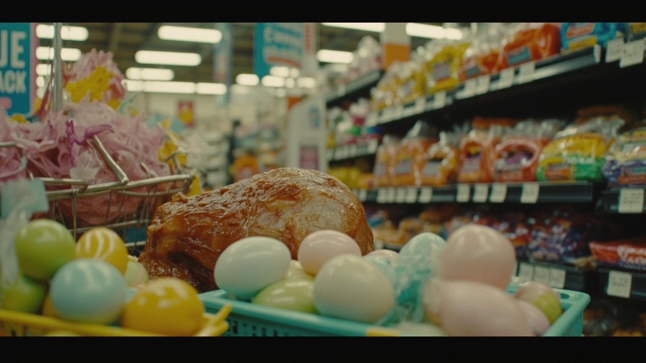 Grocery store Easter display with ham, candy, and decorated eggs, price tags visible