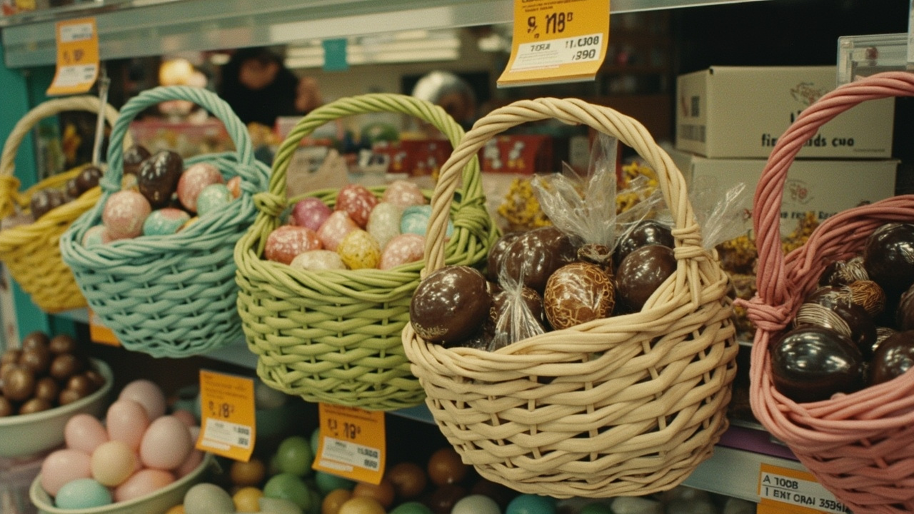 Easter shopping display with baskets, candy, and decorations in a retail store
