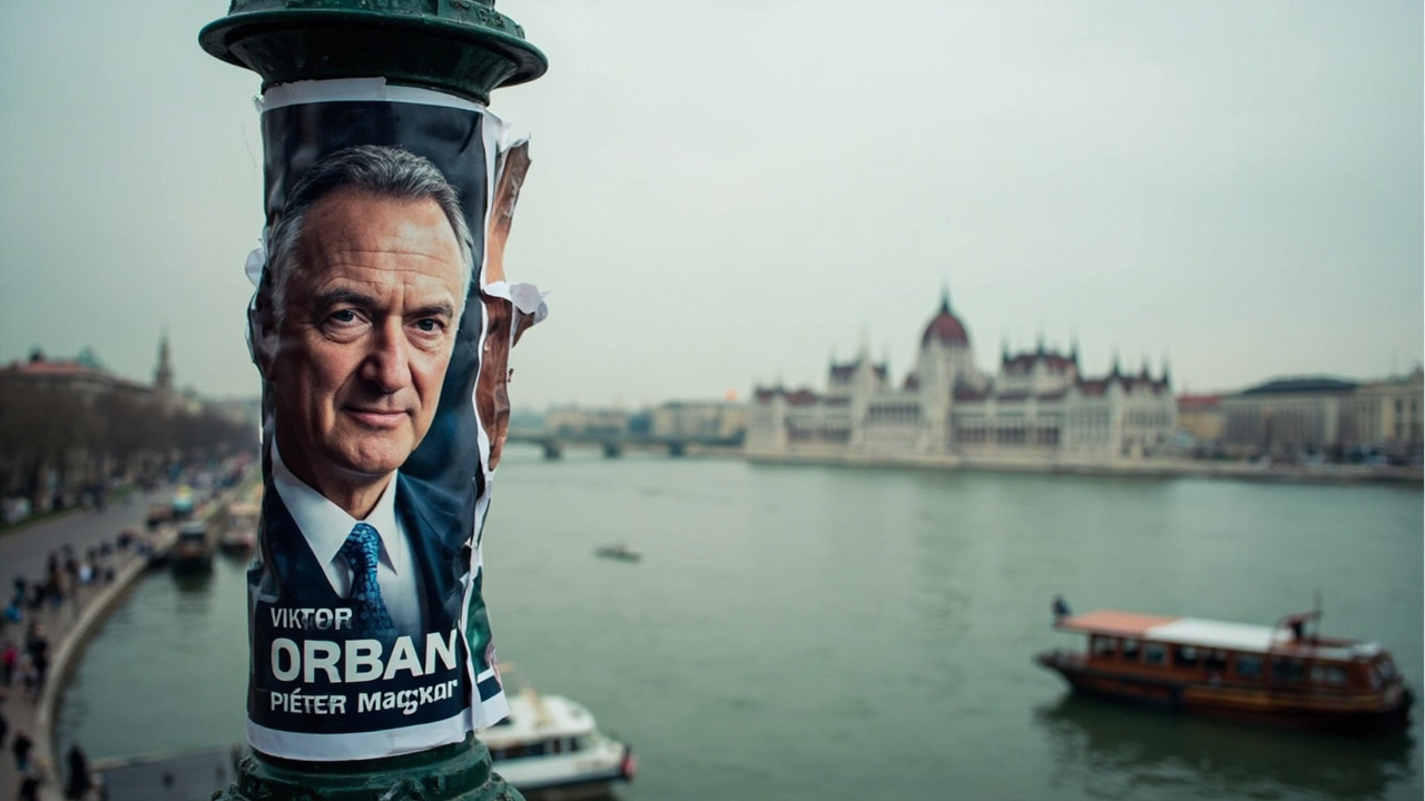 Campaign posters for Orbán and Magyar on a Budapest street, the Hungarian parliament visible in the background
