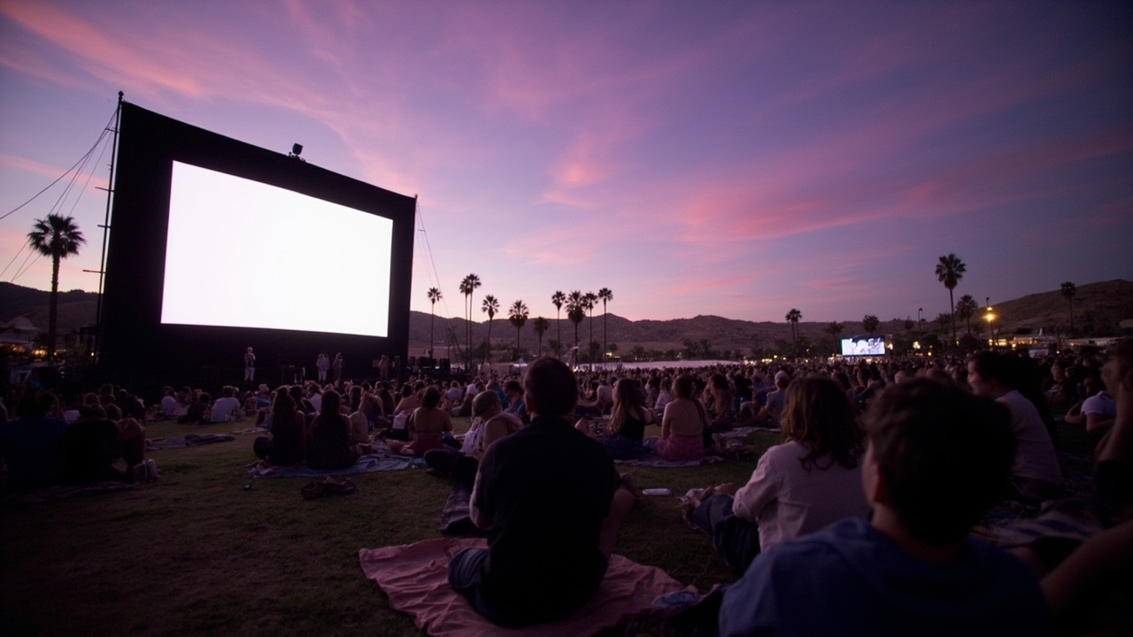 Outdoor screen setup at Coachella festival grounds at dusk with festival crowd