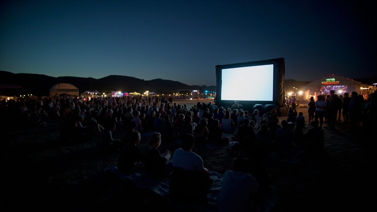 Outdoor nighttime screening setup at Coachella festival with large screen and festival crowd