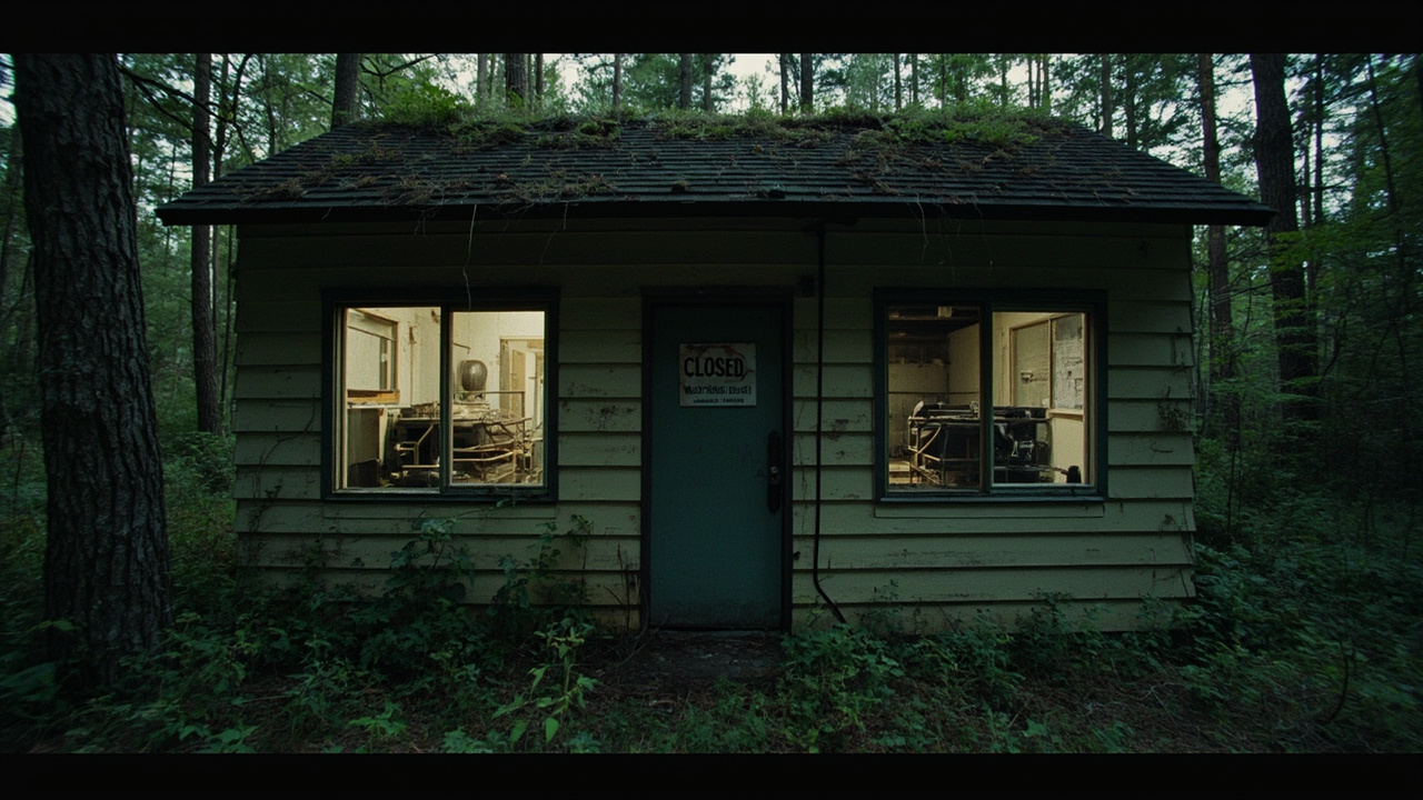 An abandoned Forest Service research station with overgrown equipment and a CLOSED sign on the door