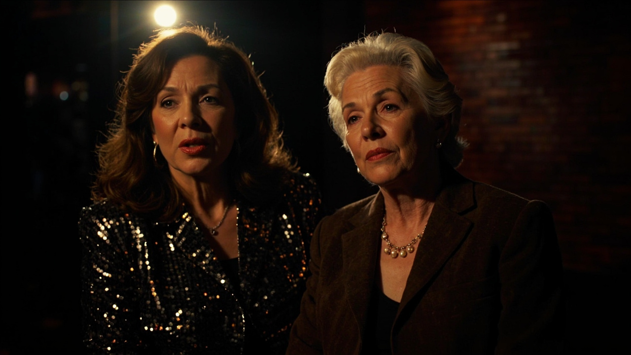 Jean Smart and Hannah Einbinder on a Las Vegas comedy club stage, spotlights illuminating them against a dark backdrop