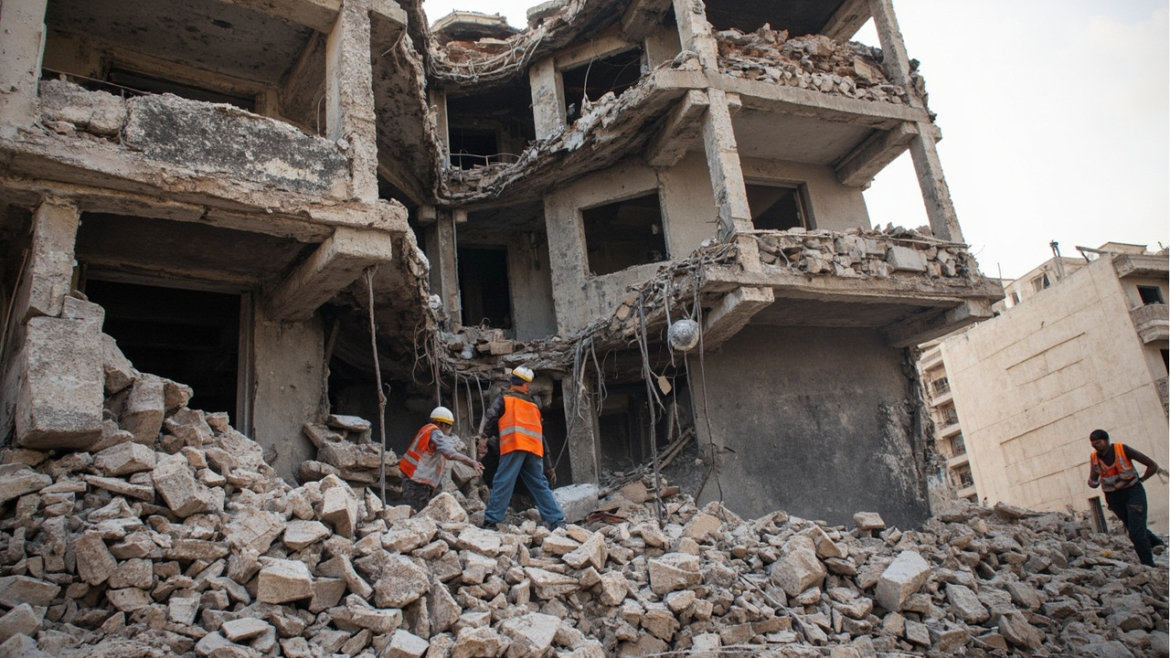 A partially collapsed residential building in Haifa with rescue workers searching through rubble and debris