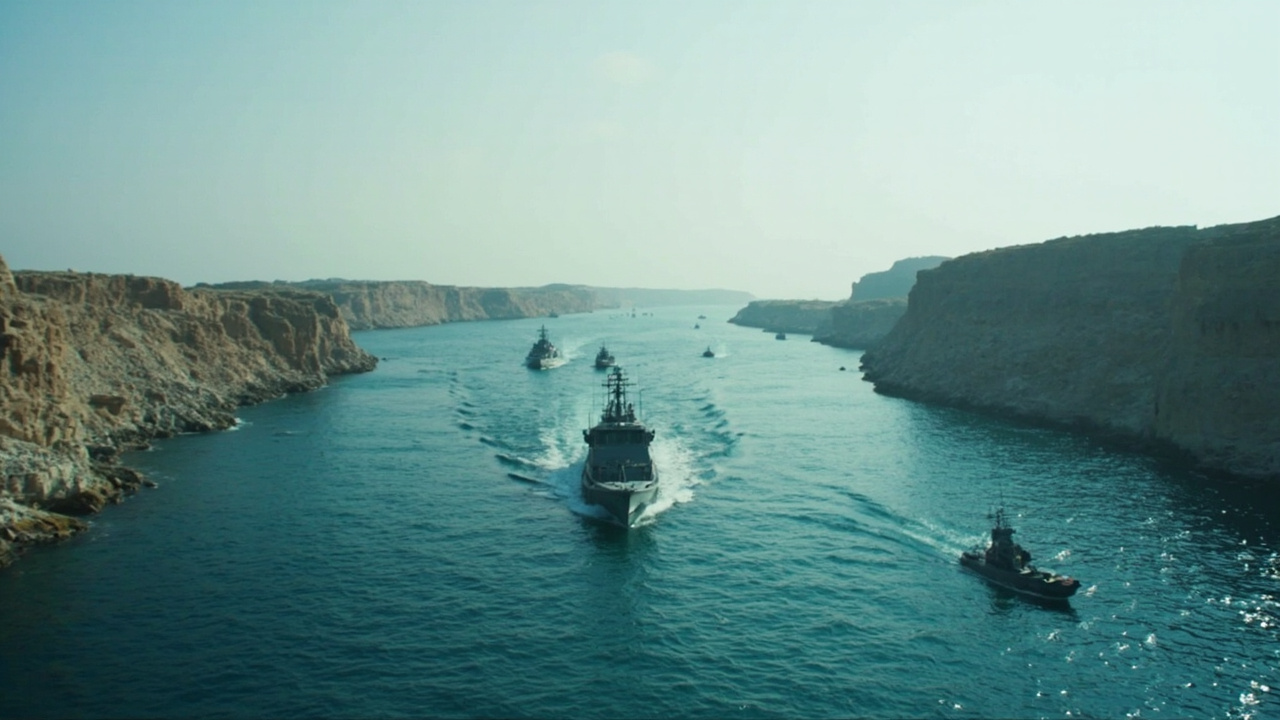 IRGC Navy patrol boats in the Strait of Hormuz, the waterway visible stretching into the horizon