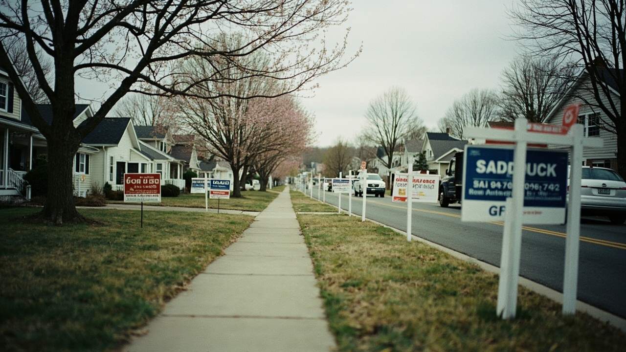 A row of suburban homes with for-sale signs on their lawns, a quiet street with no moving trucks