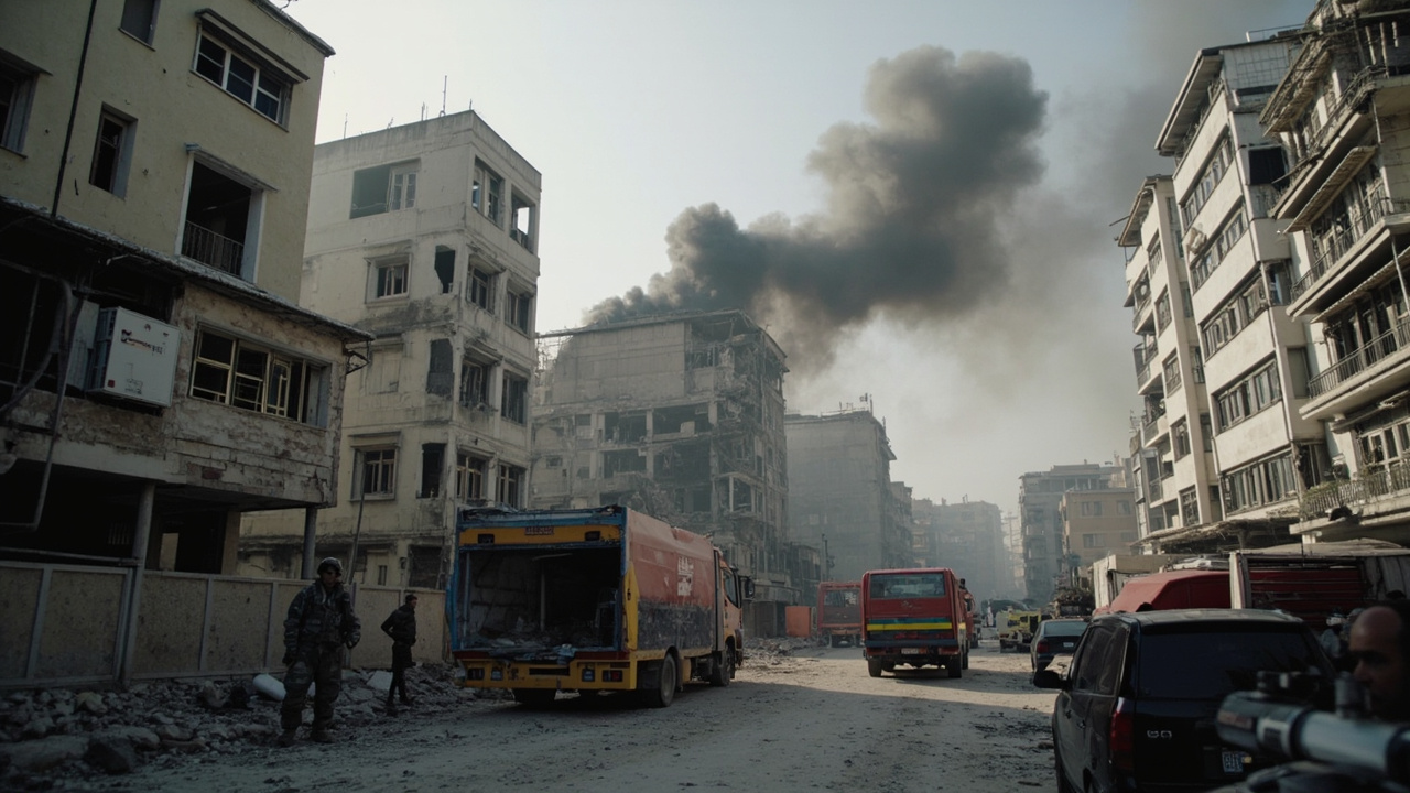 Smoke rising over a damaged residential building in Tehran after an airstrike, emergency vehicles at the scene