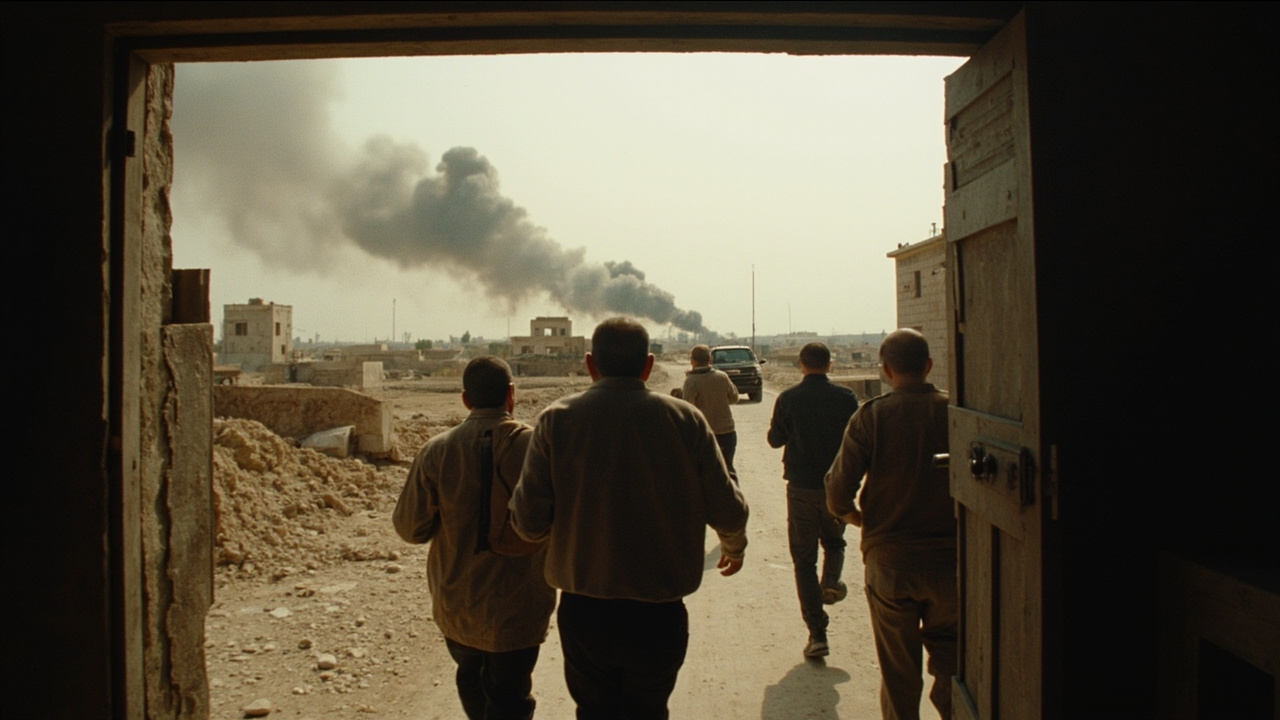 Israeli residents running toward a shelter as air raid sirens sound, smoke visible in the distance