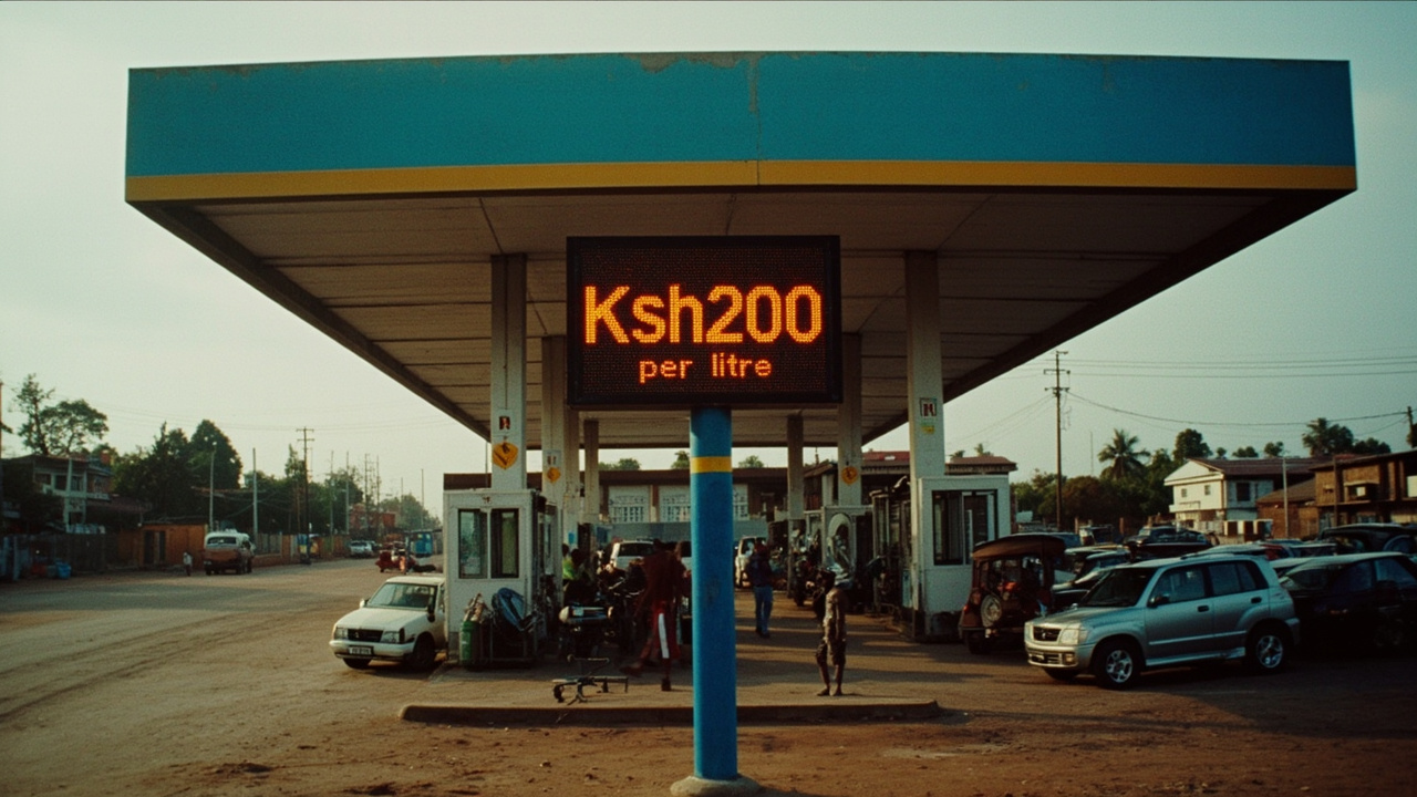 A Kenyan petrol station price board showing Ksh200 per litre, with a few cars waiting in line