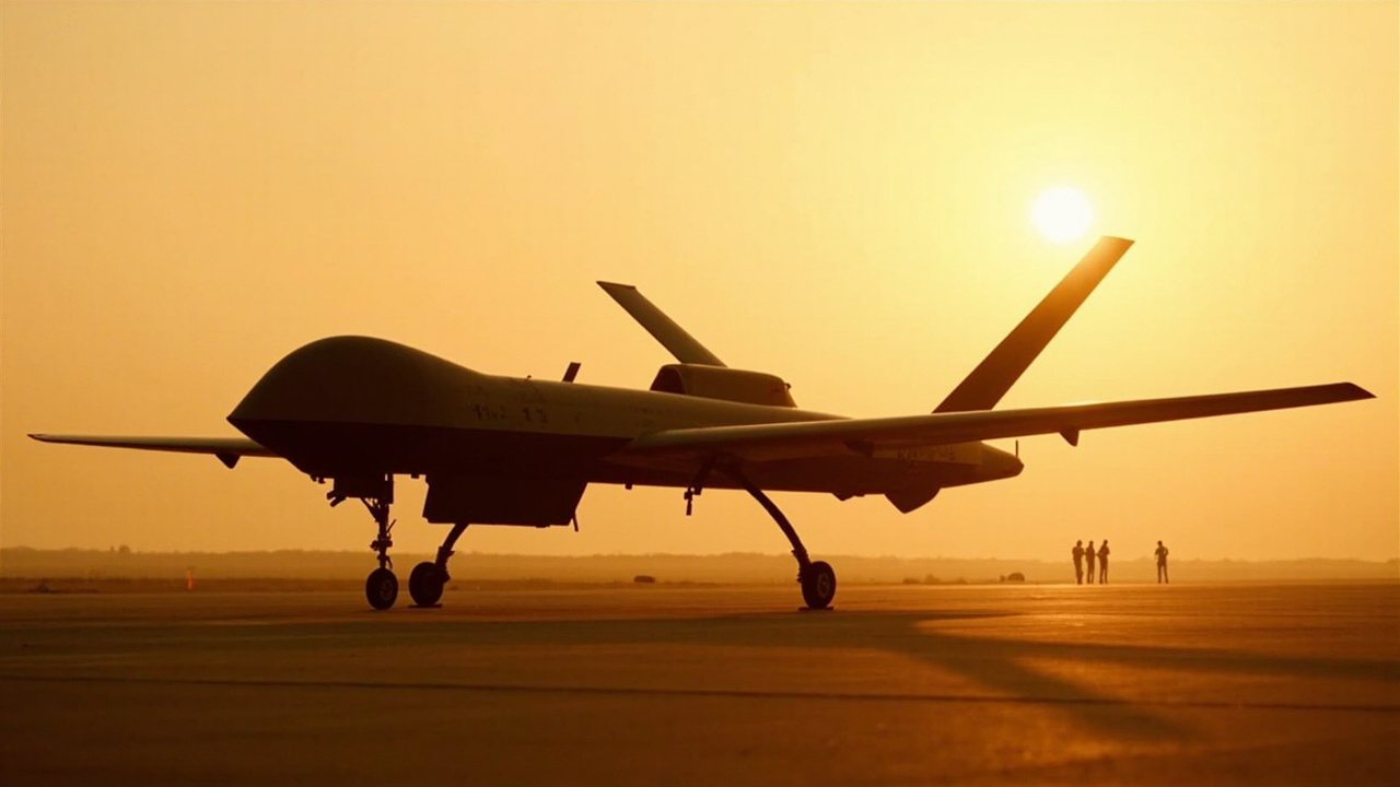 A military drone on a runway at sunset, the Valkyrie XQ-58A with its distinctive angular stealth design