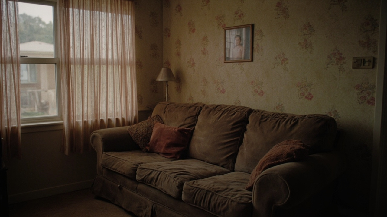 The iconic Malcolm in the Middle family couch recreated 20 years later, slightly worn, in a modest suburban living room