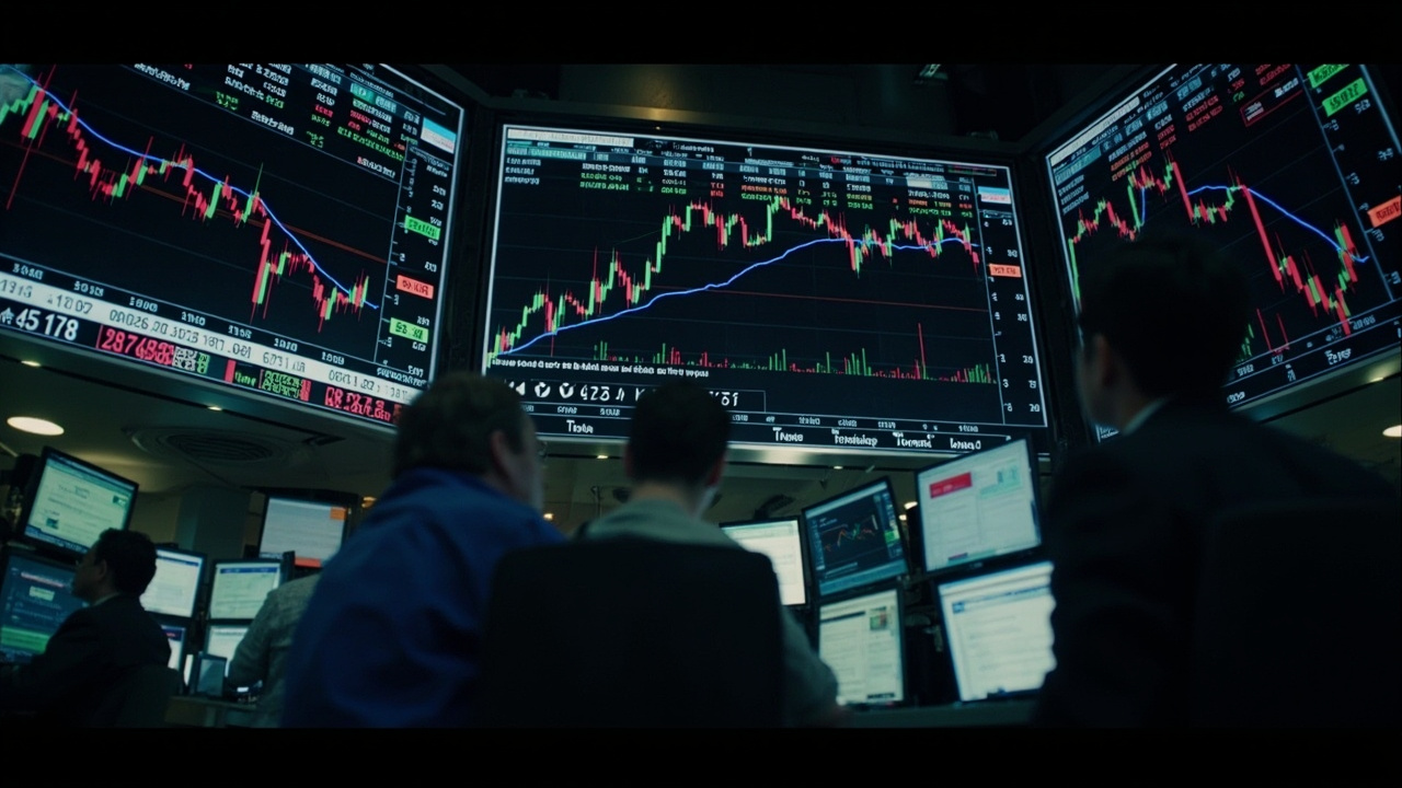 A trading floor screen showing oil futures charts with a news ticker about the ceasefire proposal scrolling below