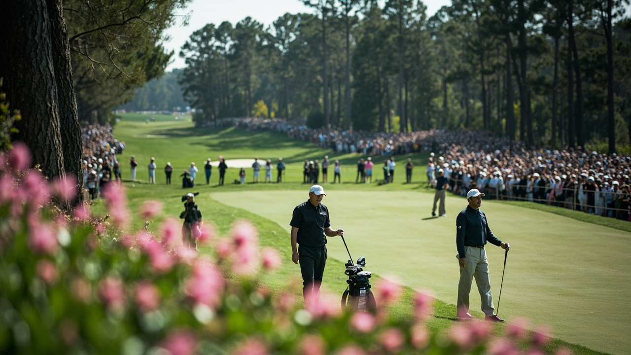 Golfers on Augusta National fairway during practice round with azaleas blooming and patrons watching