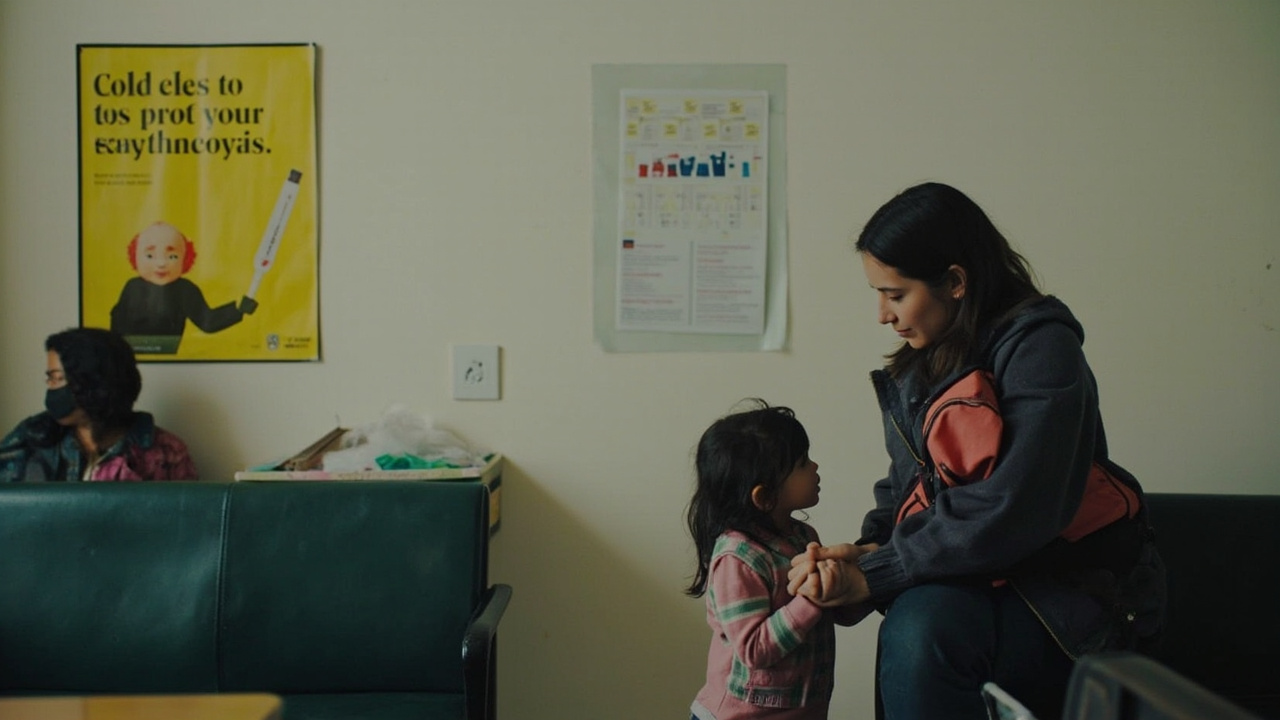 A public health clinic with a measles vaccination poster, a parent holding a child's hand in the waiting area