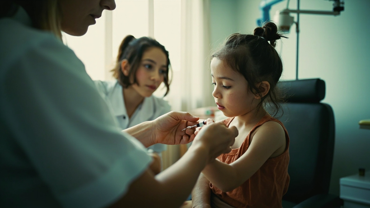 Pediatric vaccination clinic with a child receiving an MMR vaccine shot