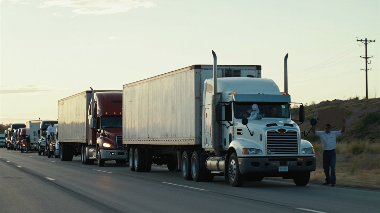 Trucks blocking a Mexican highway with drivers standing outside, protest signs visible