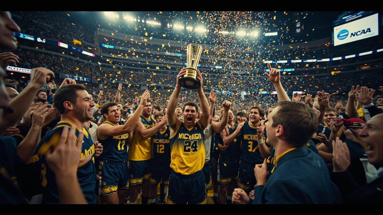Michigan basketball players celebrating on the court at Lucas Oil Stadium with confetti falling, the championship trophy visible in the background
