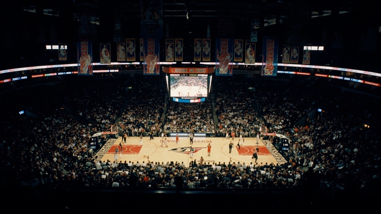 NBA arena during playoff game with packed crowd, bright court lighting, and team banners