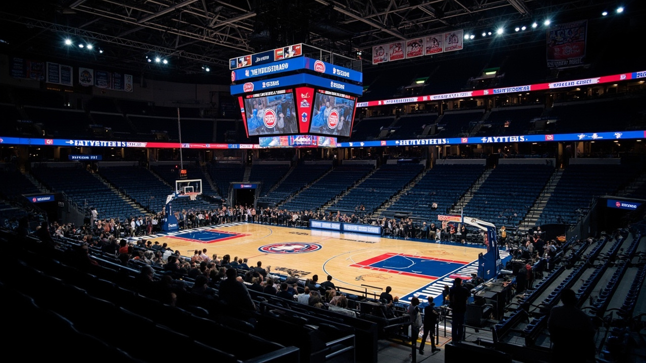 The Detroit Pistons home court with the team banner hanging from the rafters, the arena empty before a playoff game