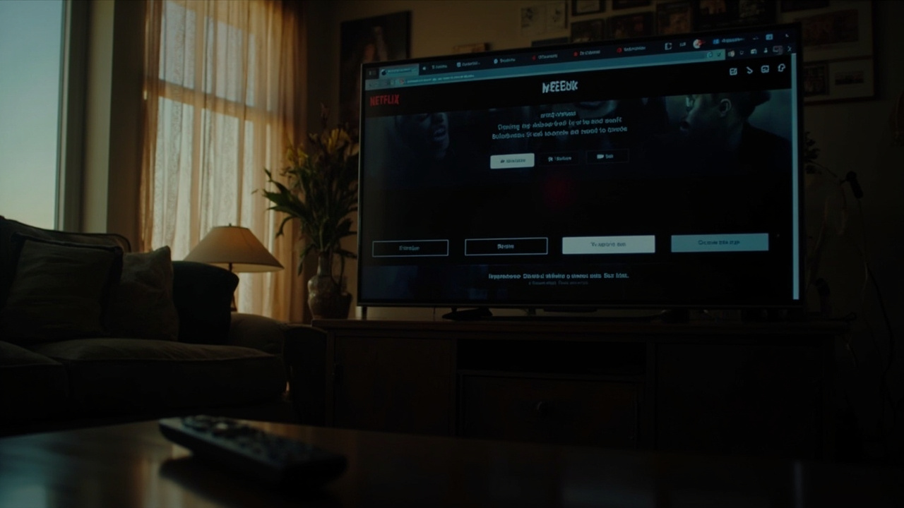 A television screen displaying the Netflix logo with a subscription pricing page visible, a remote control on the coffee table