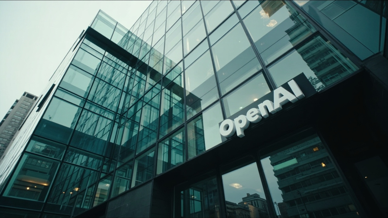 OpenAI headquarters exterior in San Francisco, modern glass building with company logo