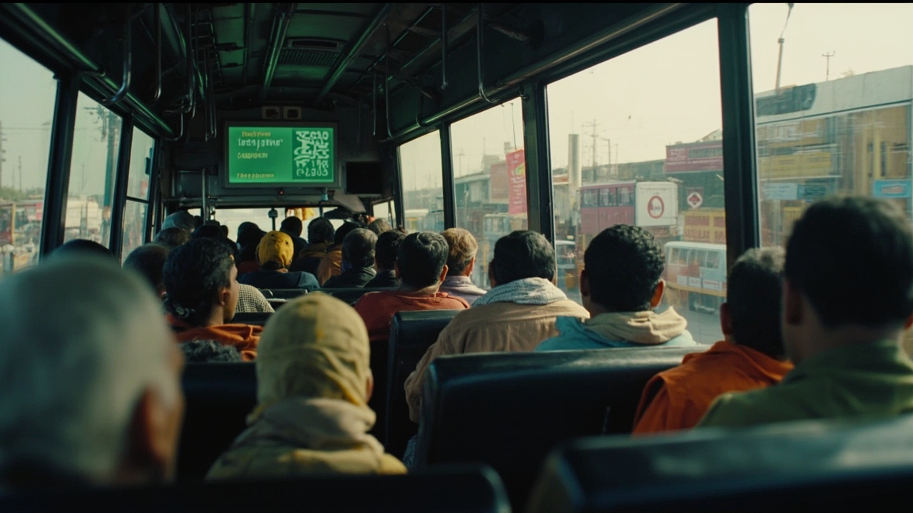 A crowded Islamabad public bus with passengers, a fuel price board showing Rs458 visible in the background